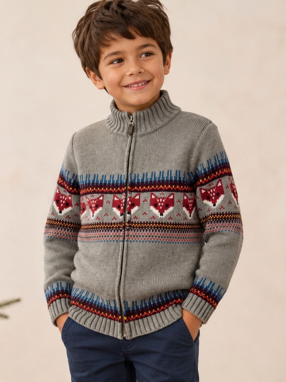 Tea Collection Fox Fair Isle Full Zip Cotton Sweater Gray Kids Large 8-10